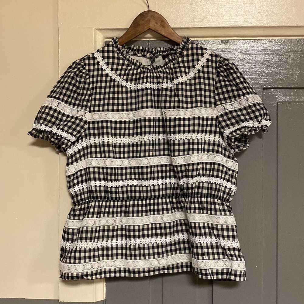 J. Crew Black & White Gingham Embroidered Lace Detail Peplum Blouse